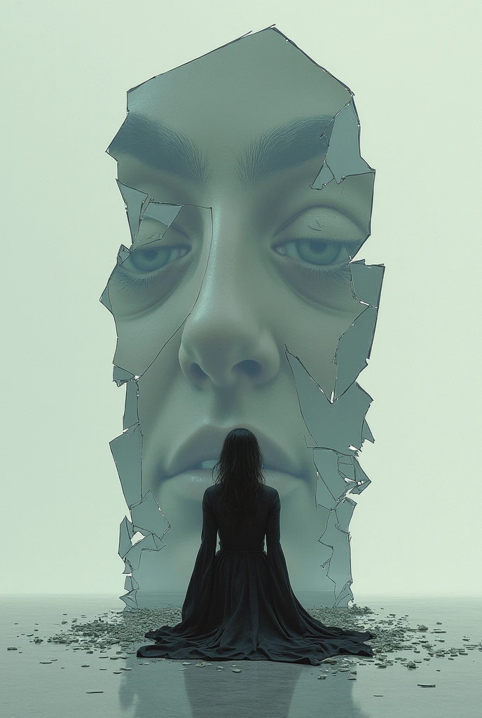 A woman kneeling on the ground, She has a broken mirror in front of her but in the mirror there are faces