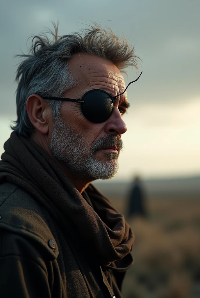 One-eyed man with a patch on his right eye, 50 years old, moderately attractive, looking at the horizon 