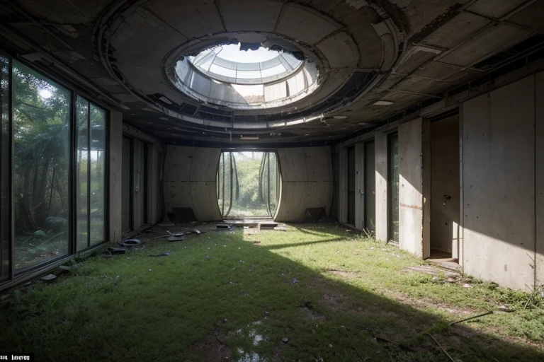 make a picture of an abandoned, futuristic rectangular bunker with round windows on its outer walls in the middle of a clearing in a dense forest, the building is two stories tall, it is safe and shielded