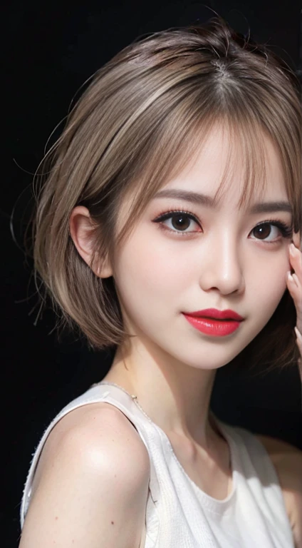 blush a little and smile, (Top quality masterpiece:1.2) Delicate illustrations, Very detailed, /Beautiful Japanese Women、1 person,Very cute and slim、Great style 、((8k images、super high quality))、Very delicate face, Big Breasts、Skin and Hair、beautifule forehead、Red lipstick、(((((short hair、Blonde、lure))))),Very cute Japanese cut face、Stylish round glasses、Eyes and nose are clearly visible、Kind eyes,((((Black sleeveless fashion))))