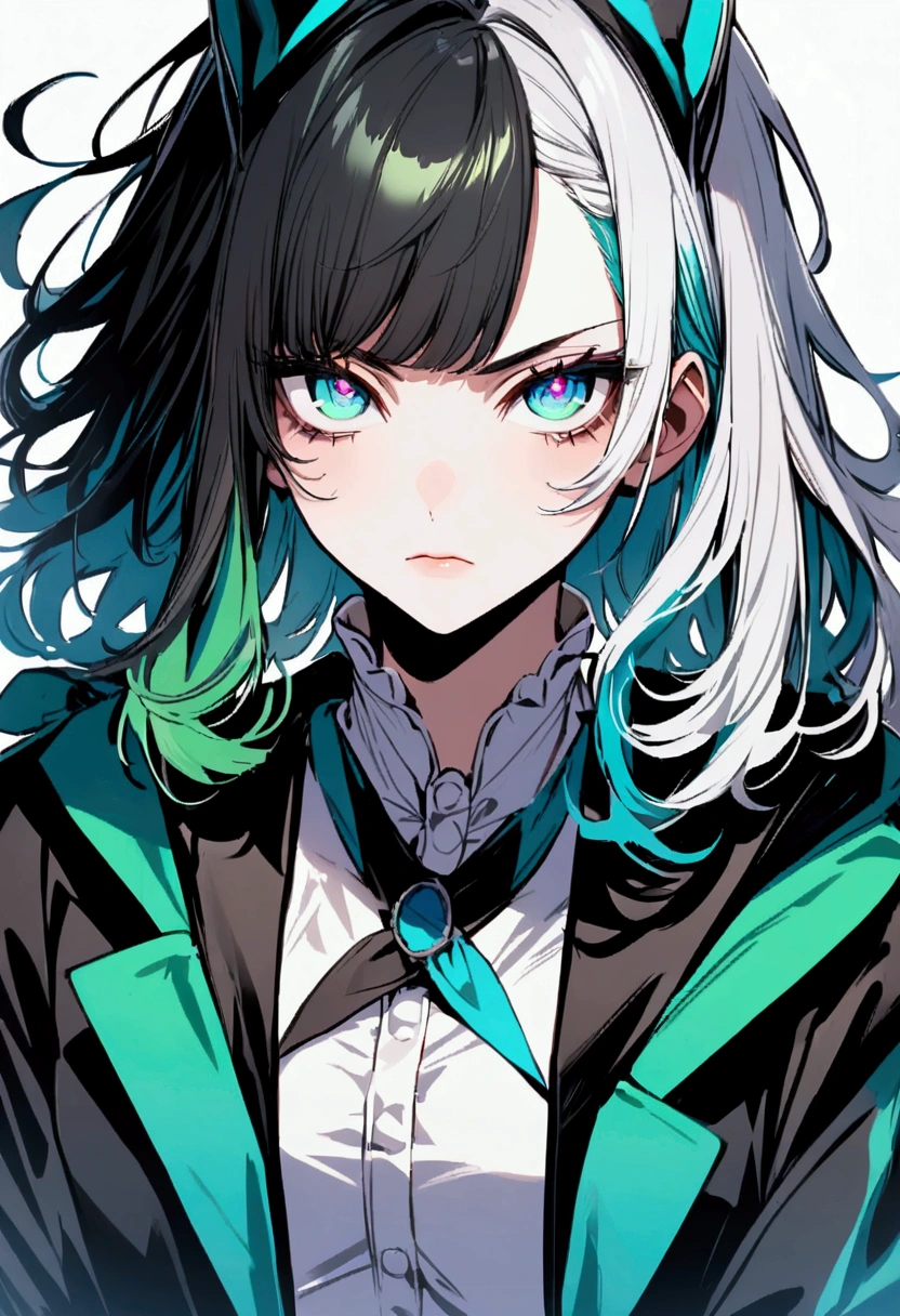 chic, two-tone black and white hair, two-colored eyes green and blue.