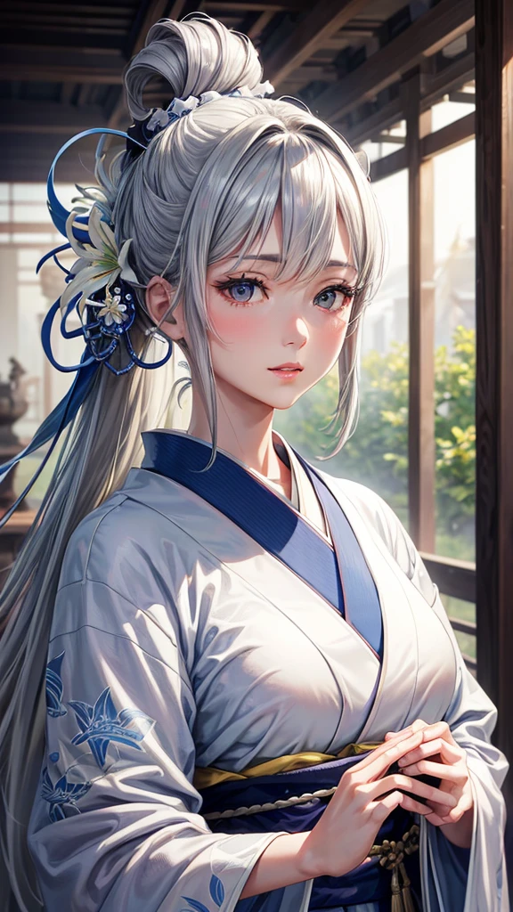 Solo, anime, masterpiece, best quality, high resolution, closeup portrait, a female, bluish gray hair, hair bun, white kimono, Japanese noble lady, white Lily, amazing composition, front view, HDR, ultra quality, elegant, highly detailed, beautiful lady, soft smile.