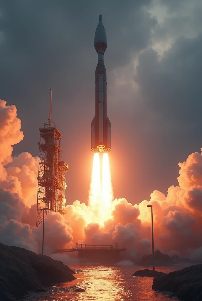 detailed digital art of a rocket launching into the sky, water splashing around the rocket, scientific equipment and instruments, futuristic technology, dramatic lighting, cinematic, hyper realistic, 8k, photorealistic, highly detailed, award winning