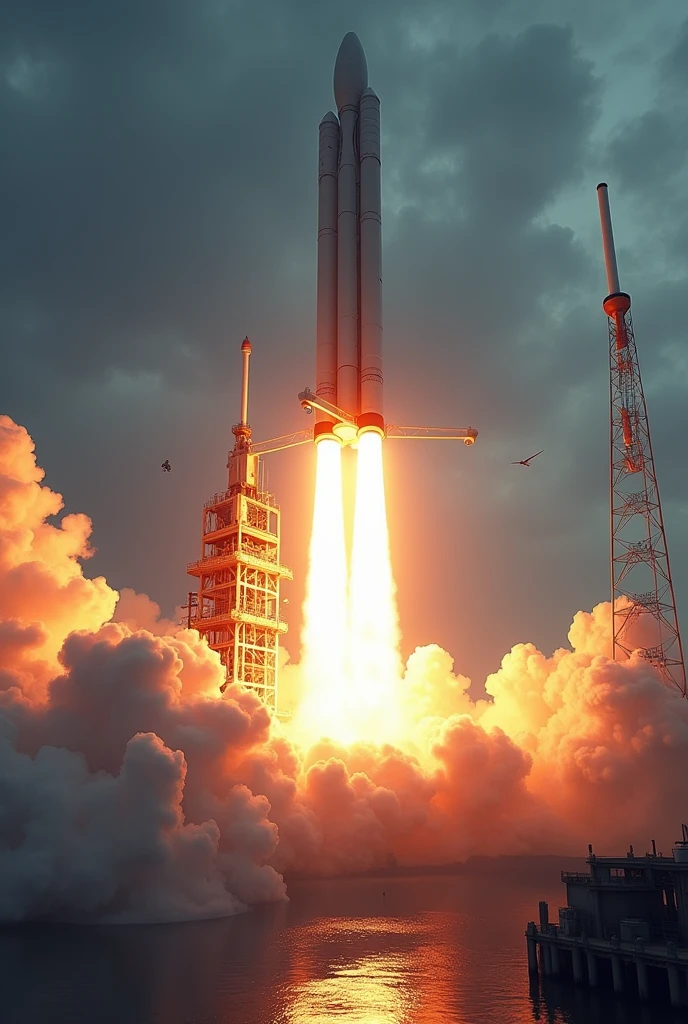 detailed digital art of a rocket launching into the sky, water splashing around the rocket, scientific equipment and instruments, futuristic technology, dramatic lighting, cinematic, hyper realistic, 8k, photorealistic, highly detailed, award winning