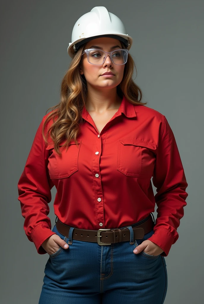36 year old woman, curvy, red long sleeve work shirt, blue jeans, wearing a safety helmet and safety glasses