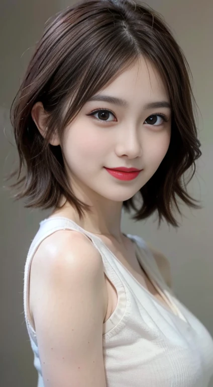 blush a little and smile, (Top quality masterpiece:1.2) Delicate illustrations, Very detailed, /Beautiful Japanese Women、1 person,Very cute and slim、Great style 、((8k images、super high quality))、Very delicate face, Skin and Hair、Big Breasts、beautifule forehead、Red lipstick、(((((short hair、Brown Hair、lure))))),Very cute Japanese cut face、Stylish round glasses、Eyes and nose are clearly visible、Kind eyes,((((White sleeveless fashion))))