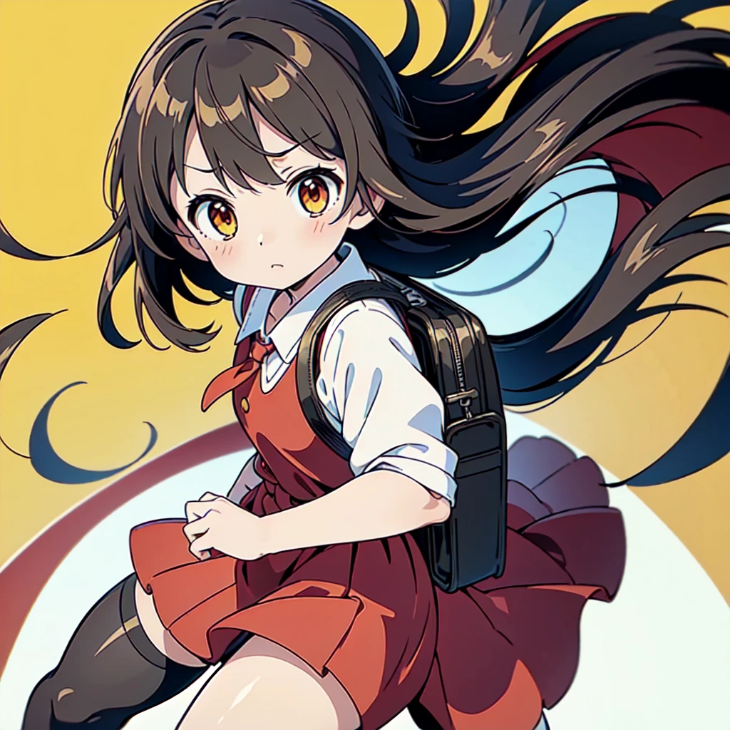 1girl,(((Perfect Anatomy、Highest quality、Masterpiece、Official Art、Super detailed、Dynamic structure、Anime Style)))、、Red dress with large yellow buttons around the waist、White Y-shirt、Red on the neck🎀、White knee-high socks、Brown Loafers、Carrying a red backpack、A soprano recorder is visible from the school bag.、Being buffeted by strong winds、Image from above、Strong wind blowing from the viewer's side、Strong wind blowing from the direction of travel, hair blowing back、Yellow simple background、Black Hair、storm、