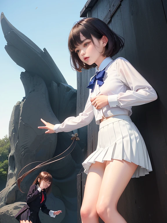 (masterpiece、Highest quality:1.7)、(:1.5)、(Above the knee shot:1.5)、Bobcut、Black Hair、85mm、16K、Official Art、RAW Photos、Best Beautiful Faces、Close-up、Violet、Gardenia、((The best beautiful girl、very cute))、Red blush on cheeks、indoor、(Are standing:1.8)、Film Grain、Chromatic Aberration、Sharp Focus、(((Nice hands、Perfect hands、Perfect Fingers、Thin and delicate fingers、A perfect body without flaws)))、Detailed face、(Slender body:1.5)、(Slender body:1.4)、(Slim upper body:1.4)、(Small and flat bust:1.7)、(Let your bangs hang down:1.8)、(Blushing:1.8)、(Low contrast lighting:1.2)、(White tight business blouse with collar:1.5)、(White bow tie blouse:1.4)、(Long sleeve: 1.3)、(A short white pleated mini skirt:1.8),(Holding his chest with his palm:1.5)、(Low angle from below:1.3),(The wind is blowing up her skirt:1.8)