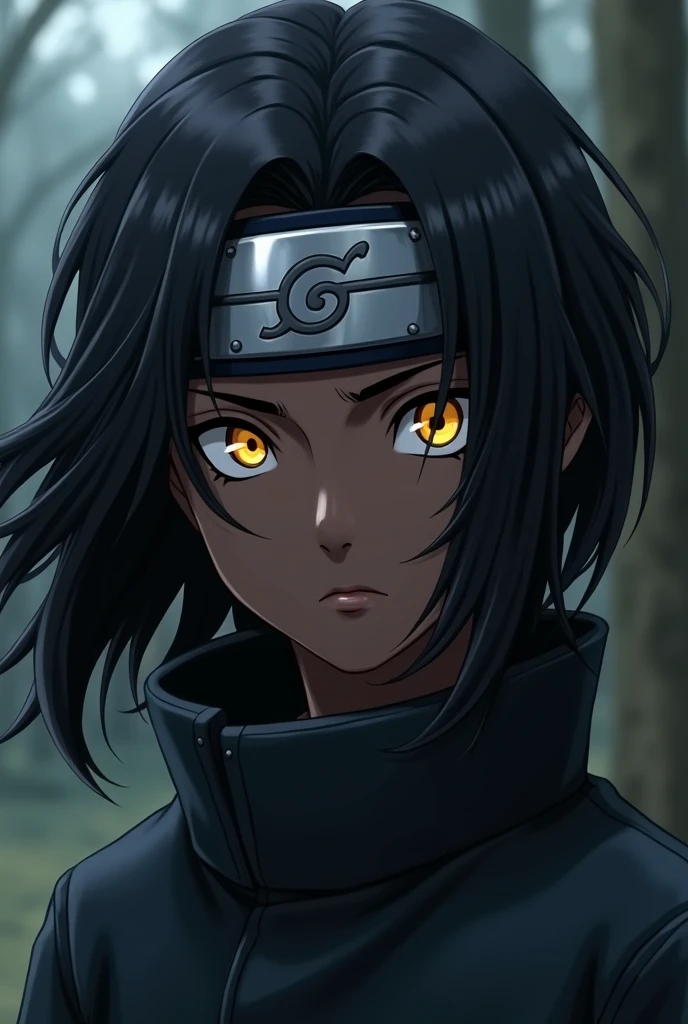 black haired black wavy, yellow eyes, and wears a konoha ninja headband, your skin is dark
(アニメ)