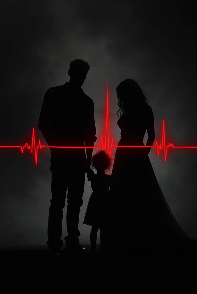 black and white silhouette, red heartbeat line, Black background, In the midst of this a family is formed, dad, Mom and a 3-month-old baby girl, dark fantasy