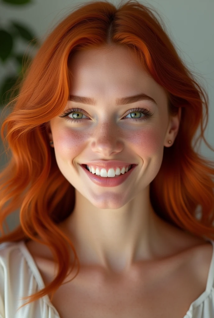 (photorealism:1.2), beautiful woman, redhead green eyes smiling