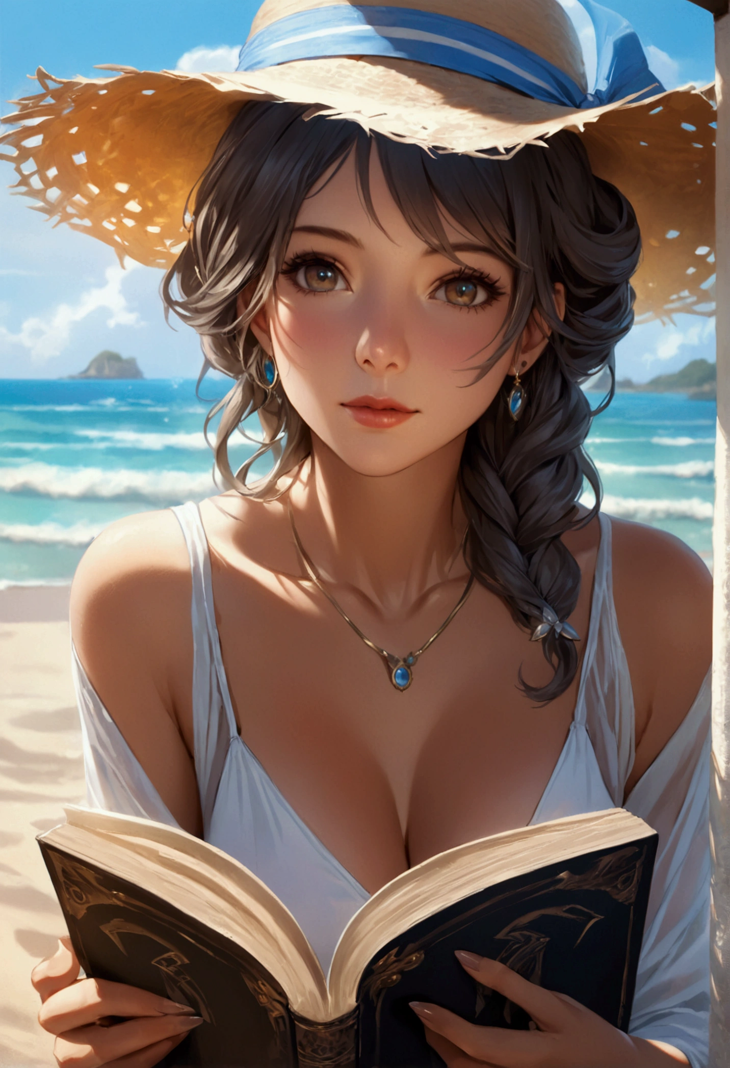 a picture of a mature woman reading a book on the beach during summer vacation, a beautiful mature woman, dynamic hair color, dynamic hair style, dynamic skin complexion, reading a book at the beach, wearing light dress, beach at summer time, sunny day, fantasy beach background,  , , high details, best quality, 16k, [ultra detailed], masterpiece, best quality, (extremely detailed), dynamic angle, ultra wide shot, photorealistic, ((fantasy art)) ultra best realistic, best details, best quality, 16k, [ultra detailed], masterpiece, best quality, (extremely detailed), photorealism, depth of field, hyper realistic