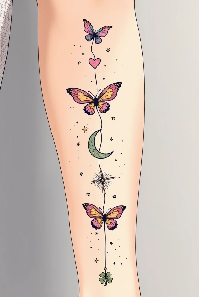 a butterfly, a heart, a half moon, A star and a 4-leaf clover in a single tattoo with just one stroke, as if it were a doodle