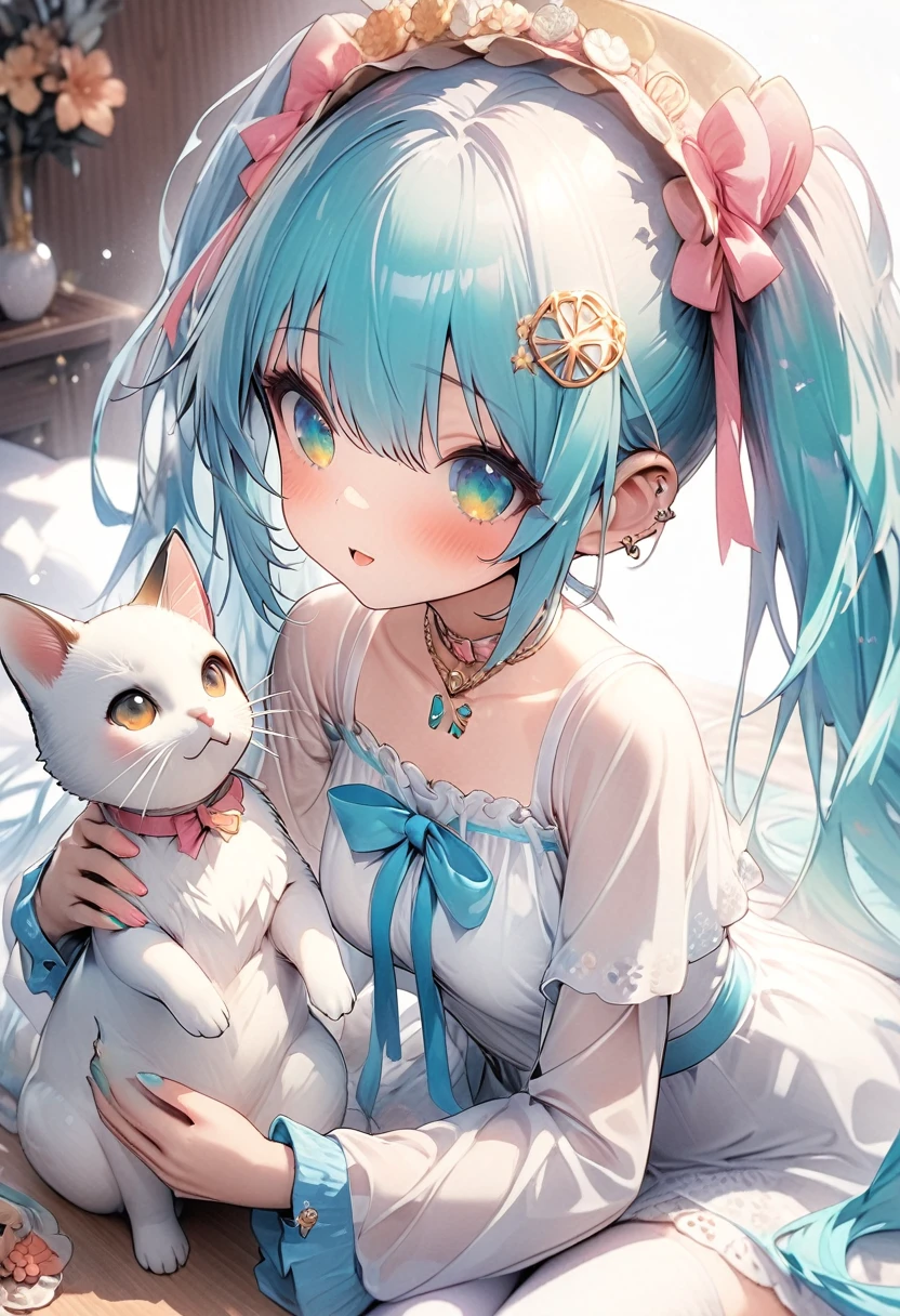 ((masterpiece))),(((Highest quality))),((Very detailed)),(figure),(Beautiful fine details),(Detailed Light) (One person)、Hatsune Miku、Summer image、good job、Petting me、