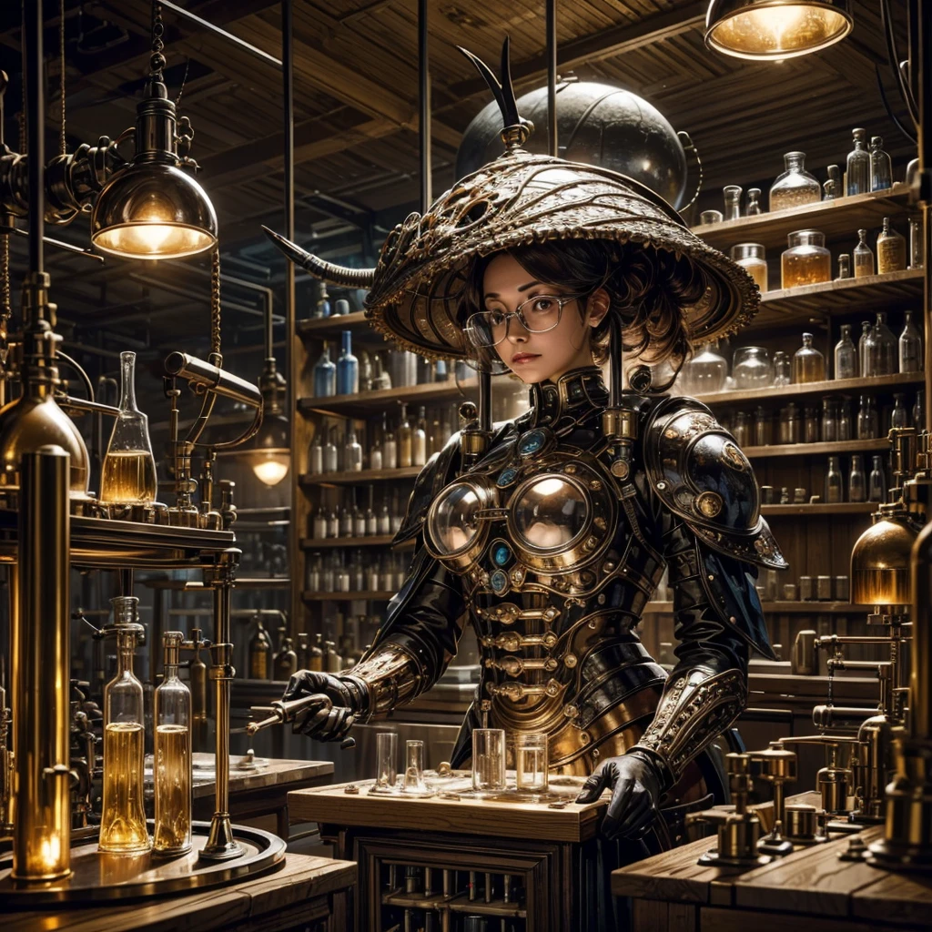 A female scientist with glasses is meticulously working in her brightly-lit laboratory filled with rows of bubbling test tubes, intricate stills, and various scientific instruments. She is passionately focused on her task of creating fantastical and surreal creatures, surrounded by shelves of mysterious ingredients and colorful liquids. The scene exudes an aura of curiosity and experimentation, as the scientist delves deep into the realm of imagination and discovery.