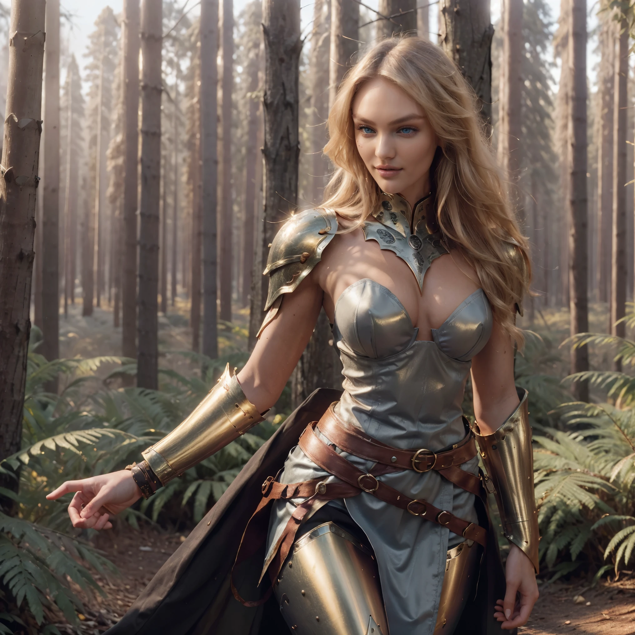 (Best Quality), (ultra-detailliert), (master piece), (hight resolution), 16K resolution, 1 girl, 18 years young, medieval setting, female knight, Candice Swanepoel, light blue eyes, long blond hair, detailed face, smirks, sassy smile, seductive, lustful facial expression, slim body, toned body, knik hips, slim waist, (golden armor, black lumbar apron, golden warrior armor, slim golden armguards, skintight armor, revealed skin on arms and legs), wearing golden necklace, wears wide golden hip belt with golden buckle, hip belt is adjusted too tightly, hip belt cuts into waist, (enchanted forest, giant trees, canadian forest, in the middle of the forest, misty mounatins in background, detailed forest in background, sunrise, sunshine), looks at camera, close up portrait, close up shot