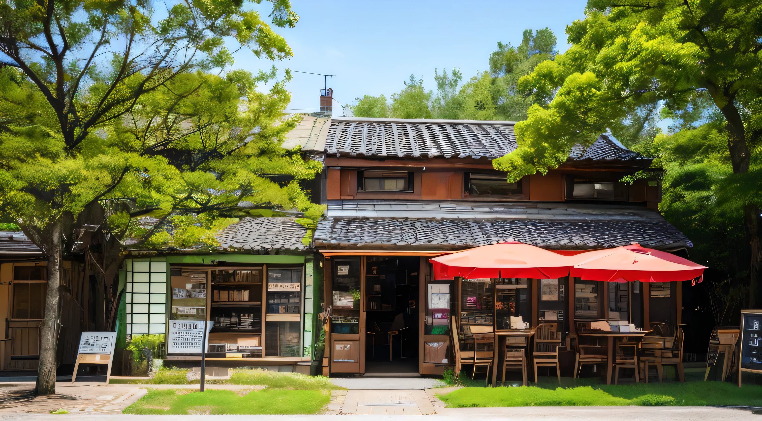 A quaint old place along a cobblestone street、Please draw a Japanese style cafe。There is a sign that says &quot;Coffee&quot; next to the store.。There is a juice vending machine next to the cafe.。There are green trees and grass all around.、There are also private houses。