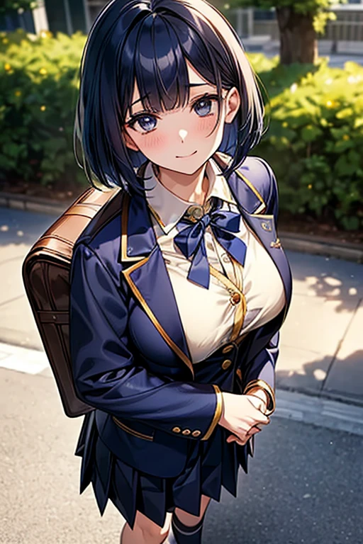 High-quality, ultra-realistic portraits、1 person、high school student、Japanese school uniform、Are standing、smile、looking at the camera、Detailed face、Smooth Skin、((Navy Blue Hair、Front-down bob hair、Sharp Eyes、Big Breasts))、Natural Makeup、Outdoor Background、(custom school uniforms、A cleavage-enhancing white blouse with navy blue accents:1.3、Gold Button、Navy blue pleated skirt with white trim、Knee-length、Navy blue ribbon tie、white ankle socks、Black leather loafers、Navy blue blazer with gold school emblem on breast pocket)、Matching navy blue school bag with gold trim