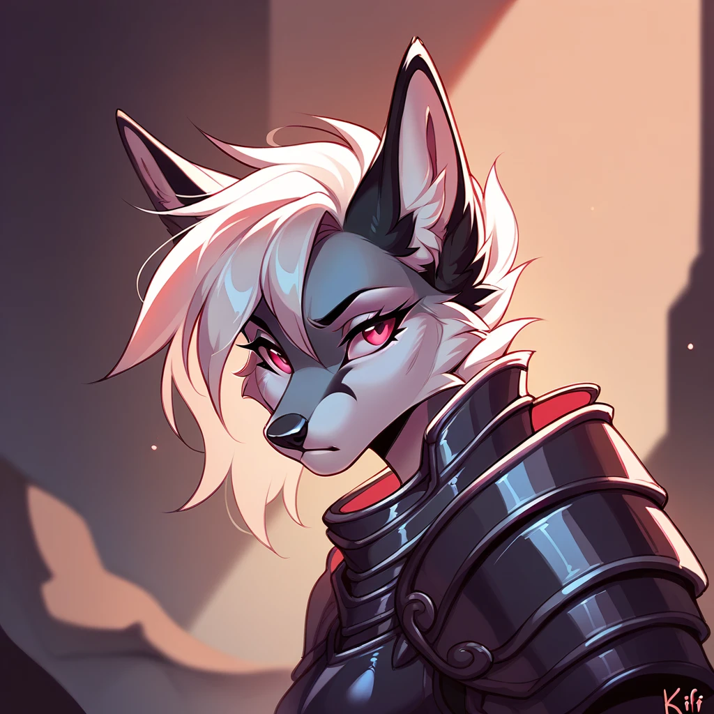 fluff-kevlar, score_9, score_8_up, score_7_up, score_6_up, Evil fox with ebony black fur and fuchsia eyes in demonic armor Waiting to start