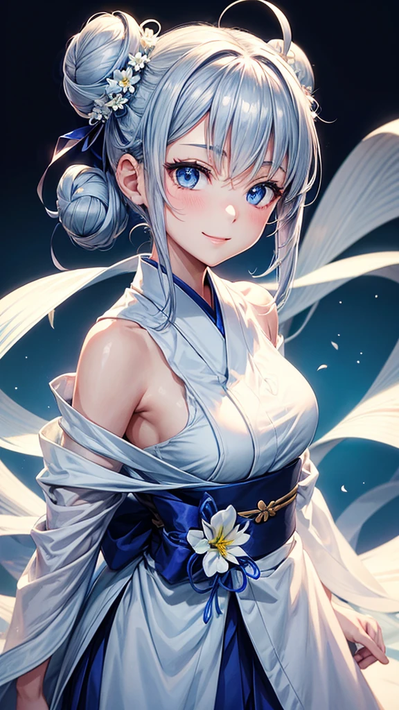 Anime character, half body only, upper body only, half body portrait, posing like a model, good looking, beautiful, full of details, aesthetic, hd, masterpiece art, amazing work. Solo, young girl, hair in bun, one bun, just one bun, flower accessories in bun, bluish gray colored hair, Lady, blue eyes, smile, elegant look, elegant carrying, white Japanese kimono, blue decoration, Lily flower theme, eyes facing camera, there are no hands to hinder the appearance, simple background.