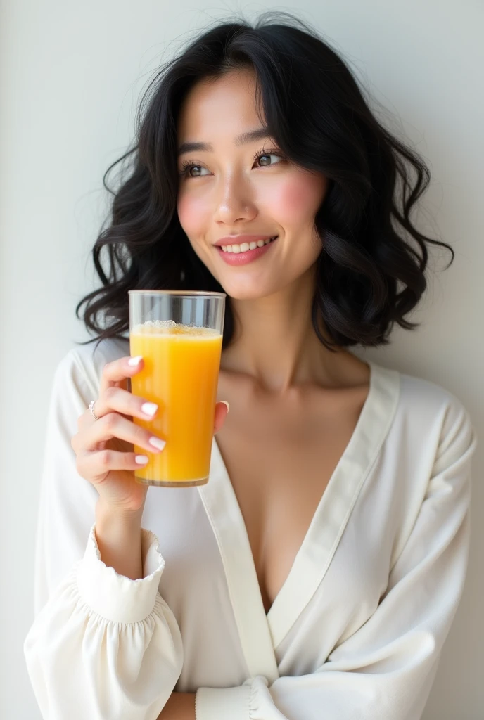 A 24-year-old girl, curly black hair holding a glass of passion fruit frappe in her hand Wearing a delicate white long sleeved dress, without showing skin Subtle smile a realistic photo, White background