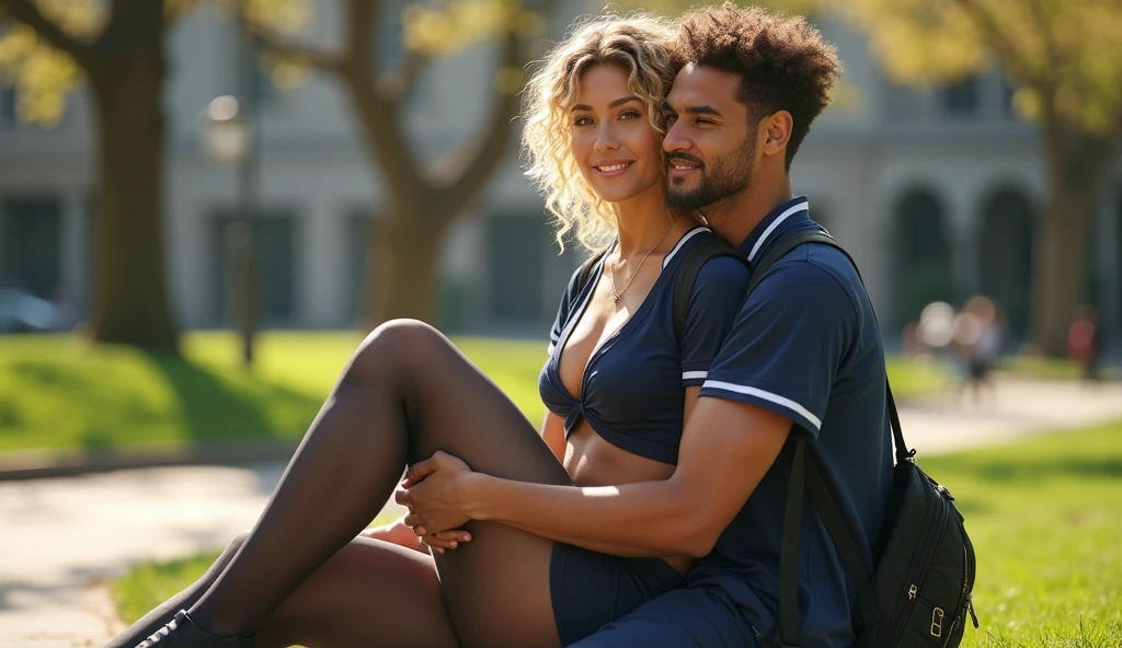 Show entire body, feet in view, gorgeous mixed race super model, medium build, slim waistline, pretty face, curly blonde hair, visible nipple, necklace, DD breasts, wearing American school uniform, plaid , wearing sheer black pantyhose, sneakers, backpack, smiling, sitting outdoors, sunny day, university quad, a male wearing a men’s school uniform sits next to her, the female’s legs rest on his lap
