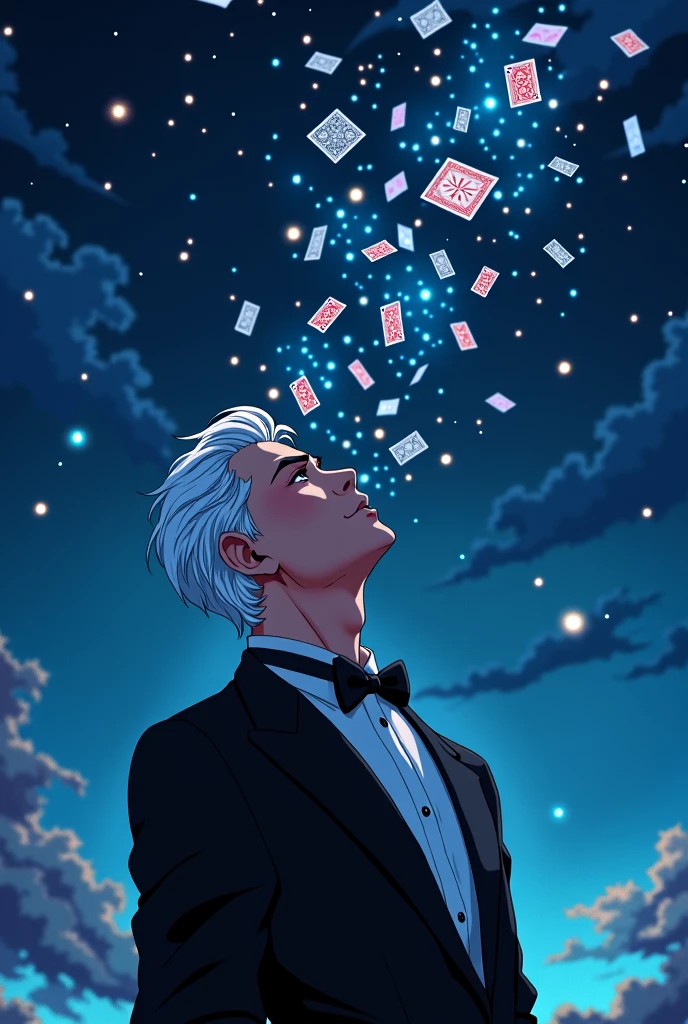 A man with white hair in a black tuxedo looking up at the starry night sky,The cards spun around him.,Anime style,Highly detailed,Film Lighting,dramatic,(Best quality,4K,8k,high resolution,masterpiece:1.2),Ultra Detailed,(lifelike,Photoreal,Photoreal:1.37),dramatic的灯光,Moody atmosphere,Dynamic composition,Intricate details,Vibrant colors,Whimsical fantasies,Surrealist elements,Magical Realism