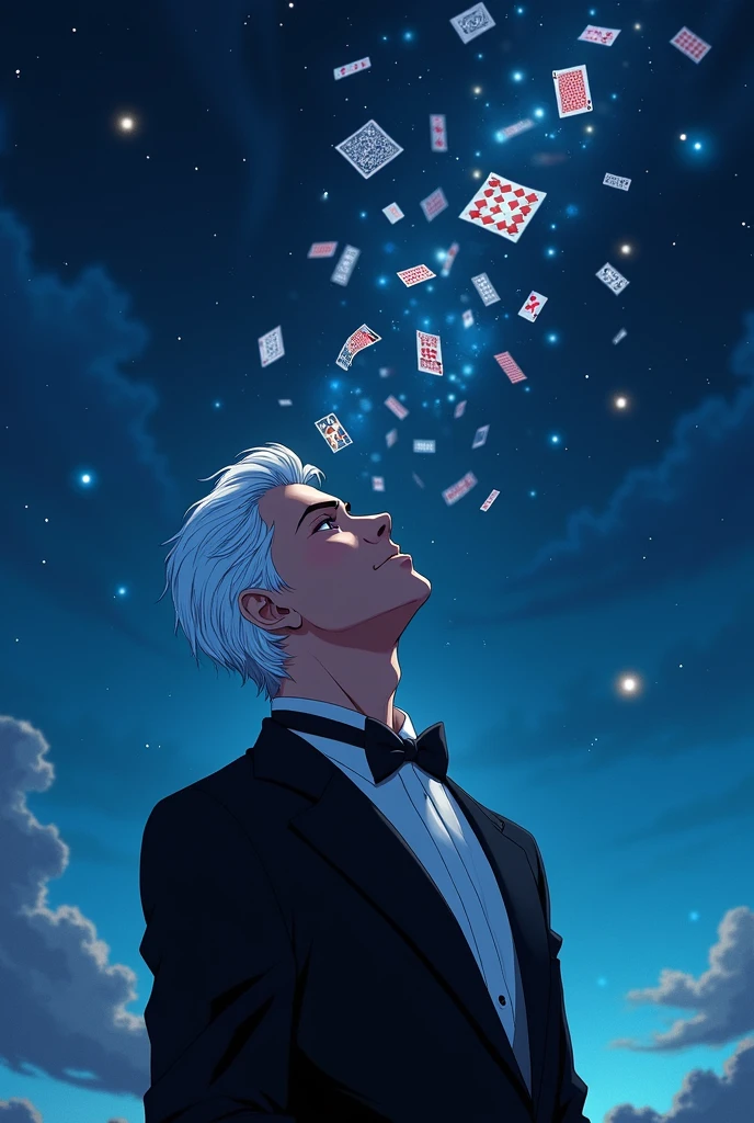 A man with white hair in a black tuxedo looking up at the starry night sky,The cards spun around him.,Anime style,Highly detailed,Film Lighting,dramatic,(Best quality,4K,8k,high resolution,masterpiece:1.2),Ultra Detailed,(lifelike,Photoreal,Photoreal:1.37),dramatic的灯光,Moody atmosphere,Dynamic composition,Intricate details,Vibrant colors,Whimsical fantasies,Surrealist elements,Magical Realism