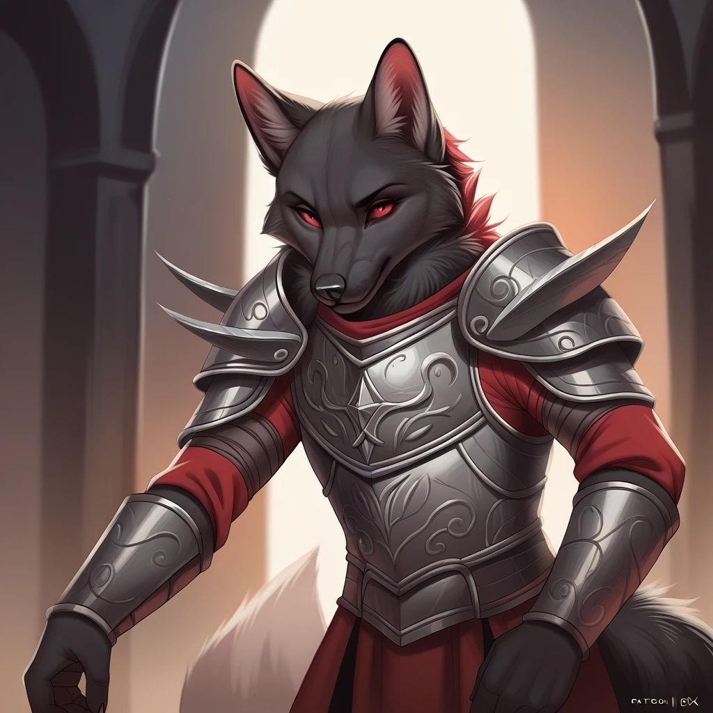 fluffx, score_9, score_8_up, score_7_up, score_6_up, Evil fox with ebony black fur and fuchsia eyes in demonic armor Waiting to start