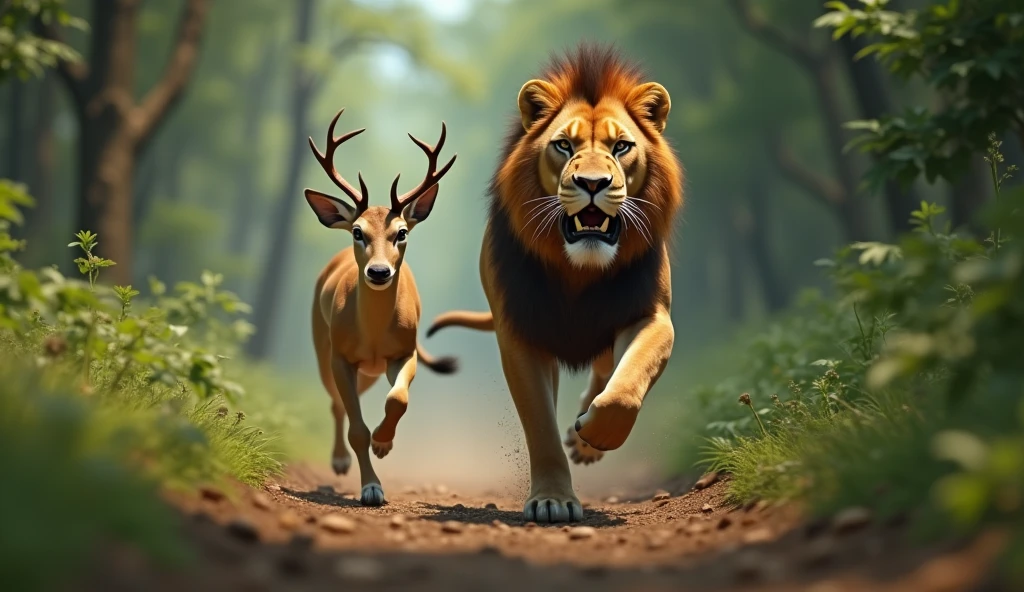 "A fierce lion is seen chasing the deer through the dense forest. The deer is running at full speed with a fearful expression, while the lion has a determined and predatory look. The background shows blurred trees and bushes as the chase moves rapidly through the forest. The scene is intense, with a sense of urgency and danger."