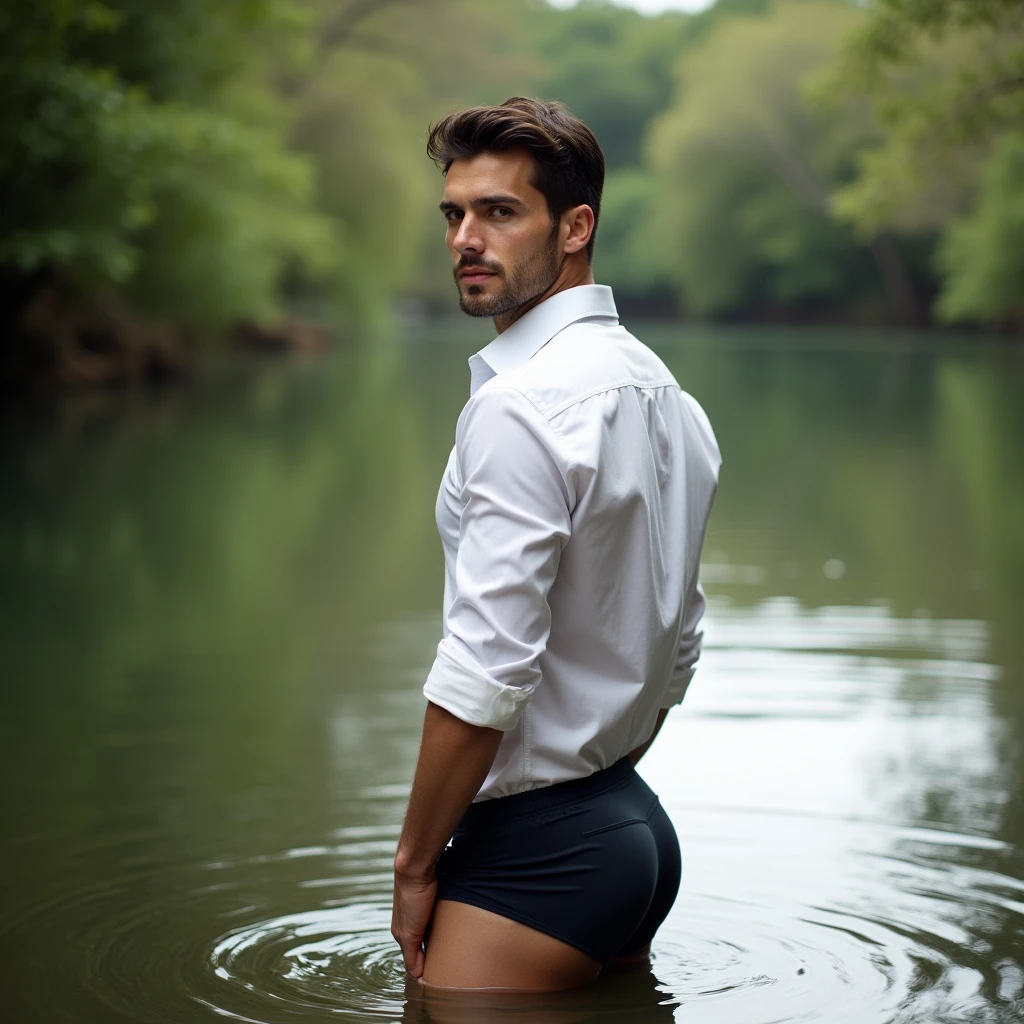 A white man, at 33 years old, model type, with short dark hair, with clear eyes, wearing a full white shirt and black boxers, standing backwards, looking at the camera and showing her ass in a lake in Alentejo