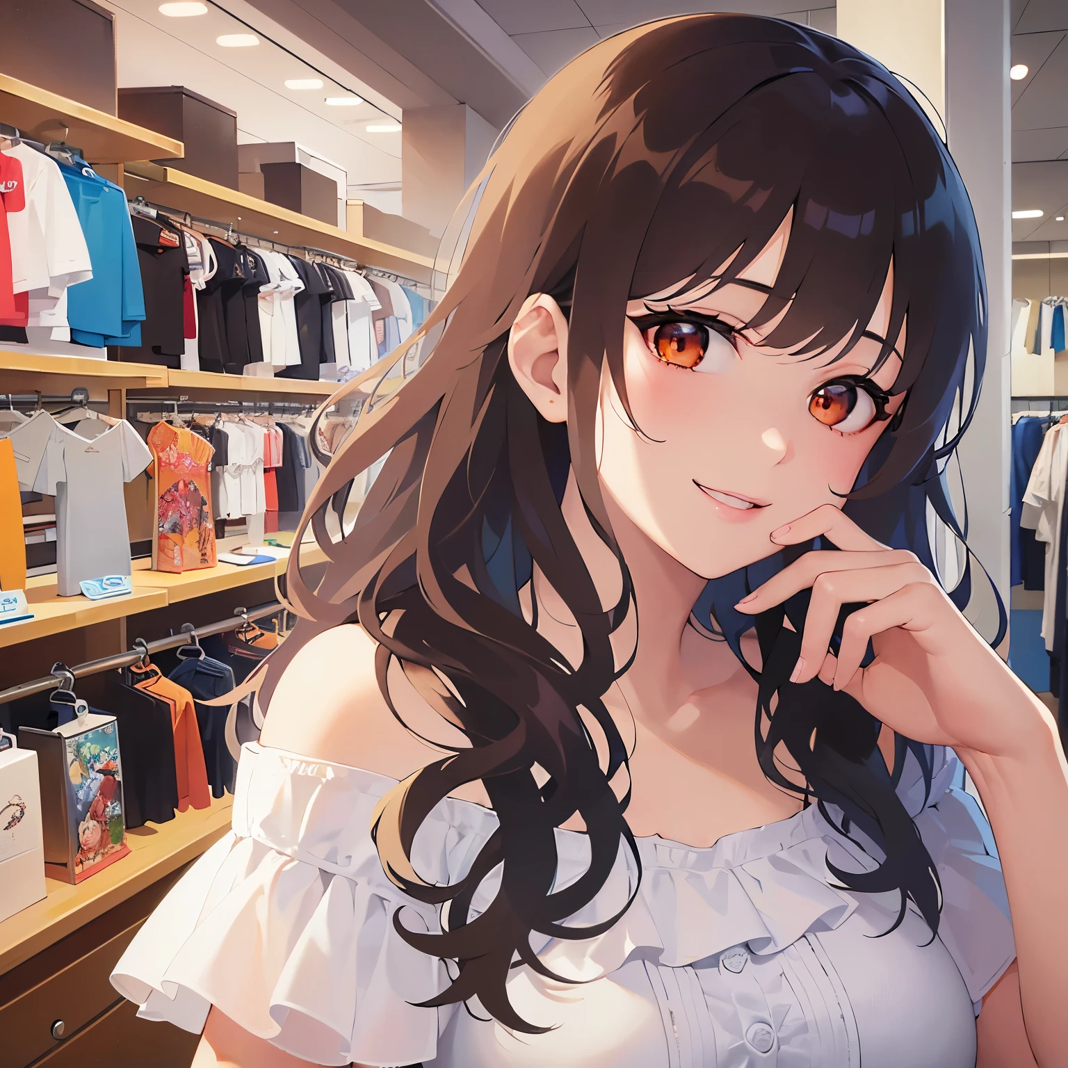 Detailed CG,Ultra-fine illustrations,masterpiece,Highest quality,BREAK(white:1.5)and(Off-the-shoulder blouse)BREAK,Realistic,Real person,RAW Photos,Realistic(青whiteい肌:1.2),Glowing Skin,Shiny Hair,(A 32-year-old woman with medium-length hair and bangs)and(Wavy Hair)and(Brown Hair)and(Orange eyes),(smile:1.3),The background is the interior of a clothing store.,alone,hand on own mouth,(Biologically correct５Finger)