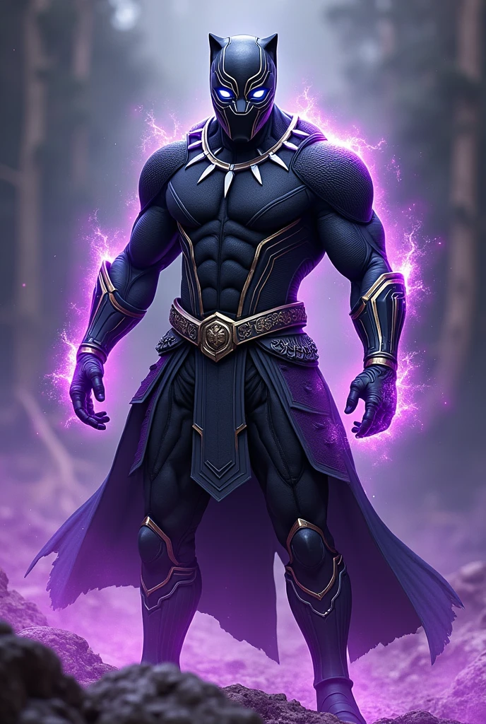 Superhero Black panther in samurai armor, white eyes, purple energy aura