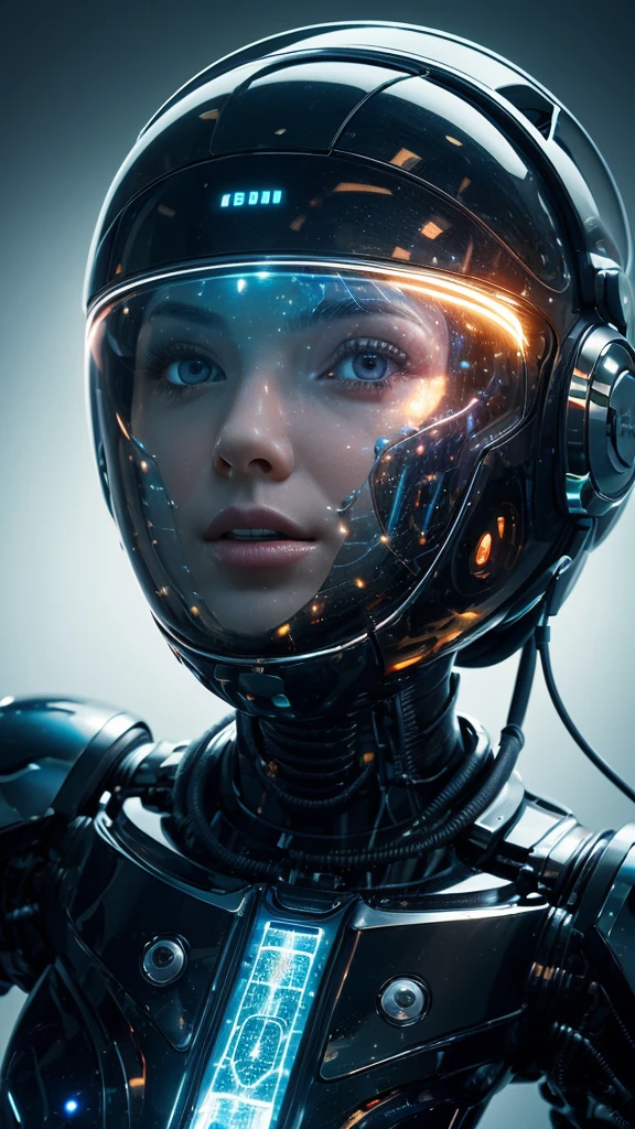 Full body, floating, Immersed in sidereal space, floating in the neural network of data, A woman depicted in a highly detailed and realistic manner, with a robot-like appearance. In the background we have infinite space in nothingness, in the darkness billions of neural connections of data from all parts of the world are perceived, by the integration of the use of the Internet of information that is integrated within them for communication between people, a Neural Network of information, She is wearing a helmet and appears to be standing in front of a blue background. The woman's face is shown in close-up, and she is positioned in the center of the image. The background also includes a few other elements, such as a clock and a book, which are placed towards the right side of the image. The overall composition of the image gives it a futuristic and advanced feel, with the woman seemingly interacting with the robot-like structure. in the background, the infinite space, with flashes of colors by the neural connections and the energy and the information that is processed by the international data for the development of artificial intelligence and the optimization of processes. Beautiful landscape of outer space with billions of information connections that form nebulae, floating in space, AI learning development. We optimize information and collect prompts for learning and neural development of AI with Google GEMINI PRO 1.5 pro experimental 0801Developing AI learning. Masterpiece:1.3 , (masterpiece、:1.3)、(highest quality:1.4)、(Super high resolution:1.2)、Super high resolution、(detailed eye)、(detailed connection ngign. a close-up of a robot's head, with a focus on the intricate details of its mechanical structure. The robot's head is made of metal and appears to be a combination of a human face and a robot's mechanical design. The robot's head is surrounded by various wires, giving it a futuristic and advanced appearance. The close-up view of the robot's head allows for a
