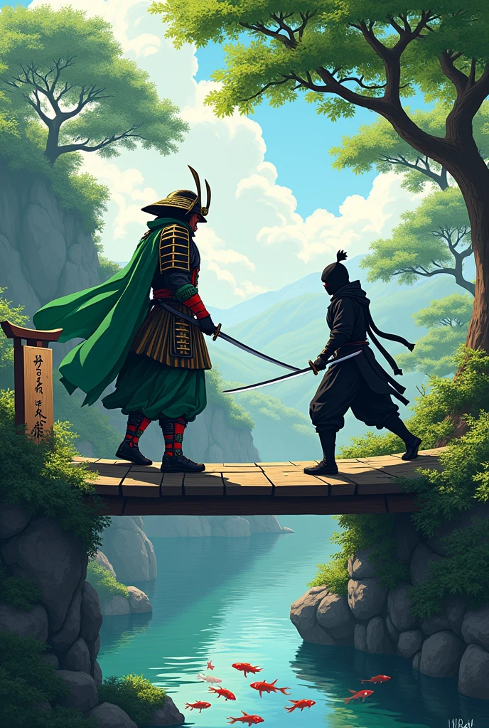A samurai in green and red colored armor standing on a cliff bridge, looking at a lake with carp , with green trees around it and leaves flying in the wind, the samurai is fighting with a ninja wearing black clothes and a drawn katana in his hand, next to it there is a well-crafted wooden plaque that says " Point Tattoo "