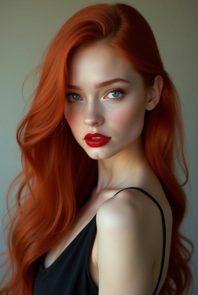 You can create an image of a red-haired woman&#39;s face, with long straight hair, with very light grey eyes, thick red lips, she wears a black dress, She is based on a fictional character inspired by the model Renata ri 
