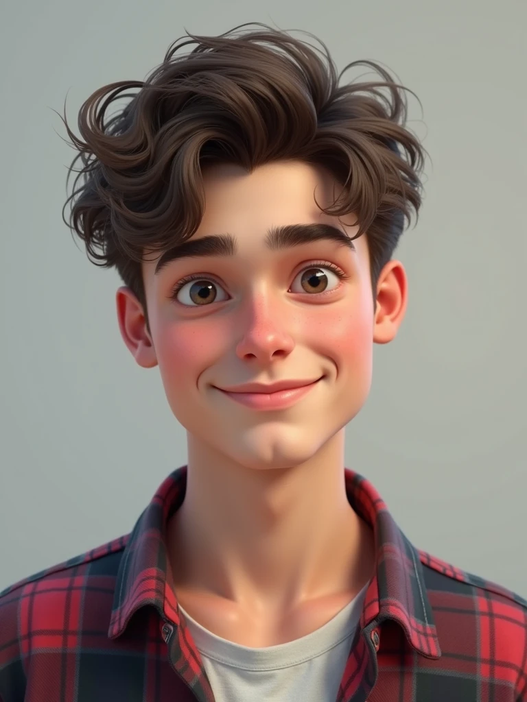 20 years old teenager boy, wear check shirt, and jeans, handsome face, perfect eyes, perfect face expression, cute smile, realistic ,photo of perfecteyes eyes