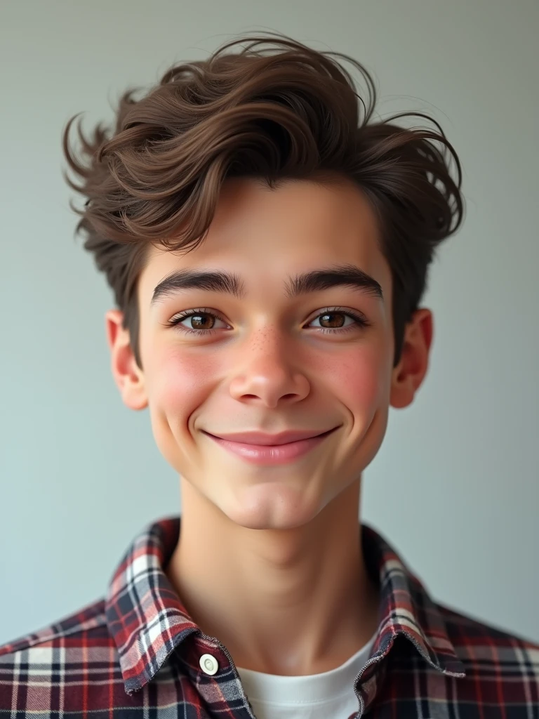 20 years old teenager boy, wear check shirt,  and jeans, handsome face, perfect eyes, perfect face expression, cute smile, realistic ,photo of perfecteyes eyes