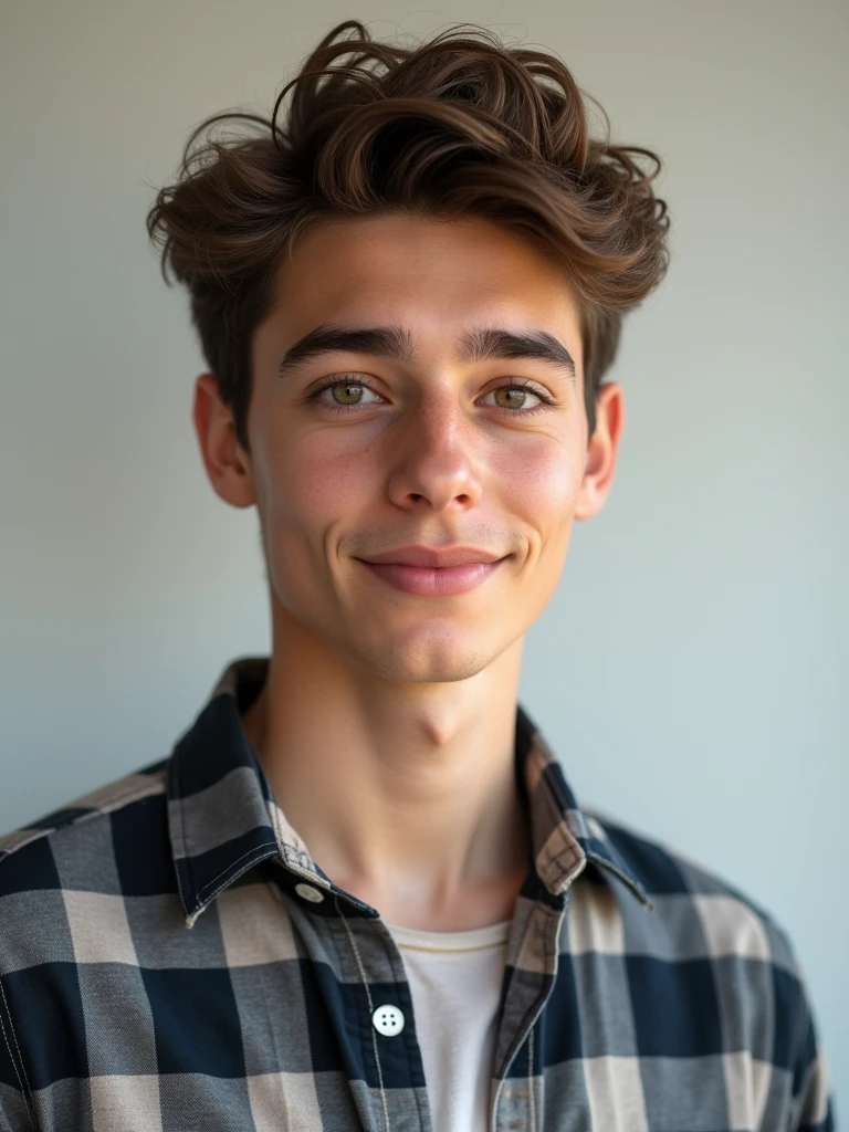20 years old teenager boy, wear check shirt, and jeans, handsome face, perfect eyes, perfect face expression, cute smile, realistic ,photo of perfecteyes eyes