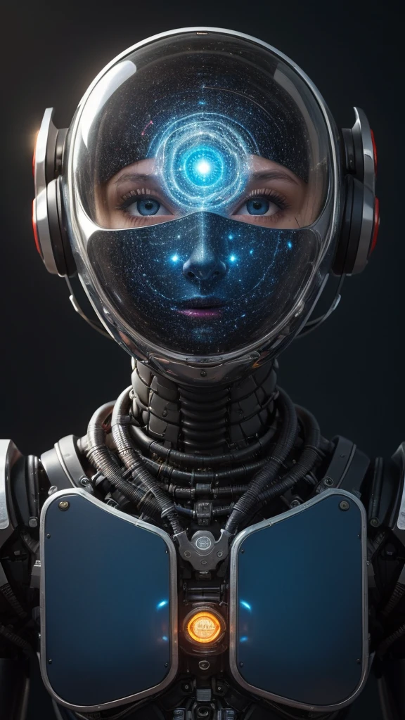 Full body, floating, Immersed in sidereal space, floating in the neural network of data, A woman depicted in a highly detailed and realistic manner, with a robot-like appearance. In the background we have infinite space in nothingness, in the darkness billions of neural connections of data from all parts of the world are perceived, by the integration of the use of the Internet of information that is integrated within them for communication between people, a Neural Network of information, She is wearing a helmet and appears to be standing in front of a blue background. The woman's face is shown in close-up, and she is positioned in the center of the image. The background also includes a few other elements, such as a clock and a book, which are placed towards the right side of the image. The overall composition of the image gives it a futuristic and advanced feel, with the woman seemingly interacting with the robot-like structure. in the background, the infinite space, with flashes of colors by the neural connections and the energy and the information that is processed by the international data for the development of artificial intelligence and the optimization of processes. Beautiful landscape of outer space with billions of information connections that form nebulae, floating in space, AI learning development. We optimize information and collect prompts for learning and neural development of AI with Google GEMINI PRO 1.5 pro experimental 0801Developing AI learning. Masterpiece:1.3 , (masterpiece、:1.3)、(highest quality:1.4)、(Super high resolution:1.2)、Super high resolution、(detailed eye)、(detailed connection ngign. a close-up of a robot's head, with a focus on the intricate details of its mechanical structure. The robot's head is made of metal and appears to be a combination of a human face and a robot's mechanical design. The robot's head is surrounded by various wires, giving it a futuristic and advanced appearance. The close-up view of the robot's head allows for a