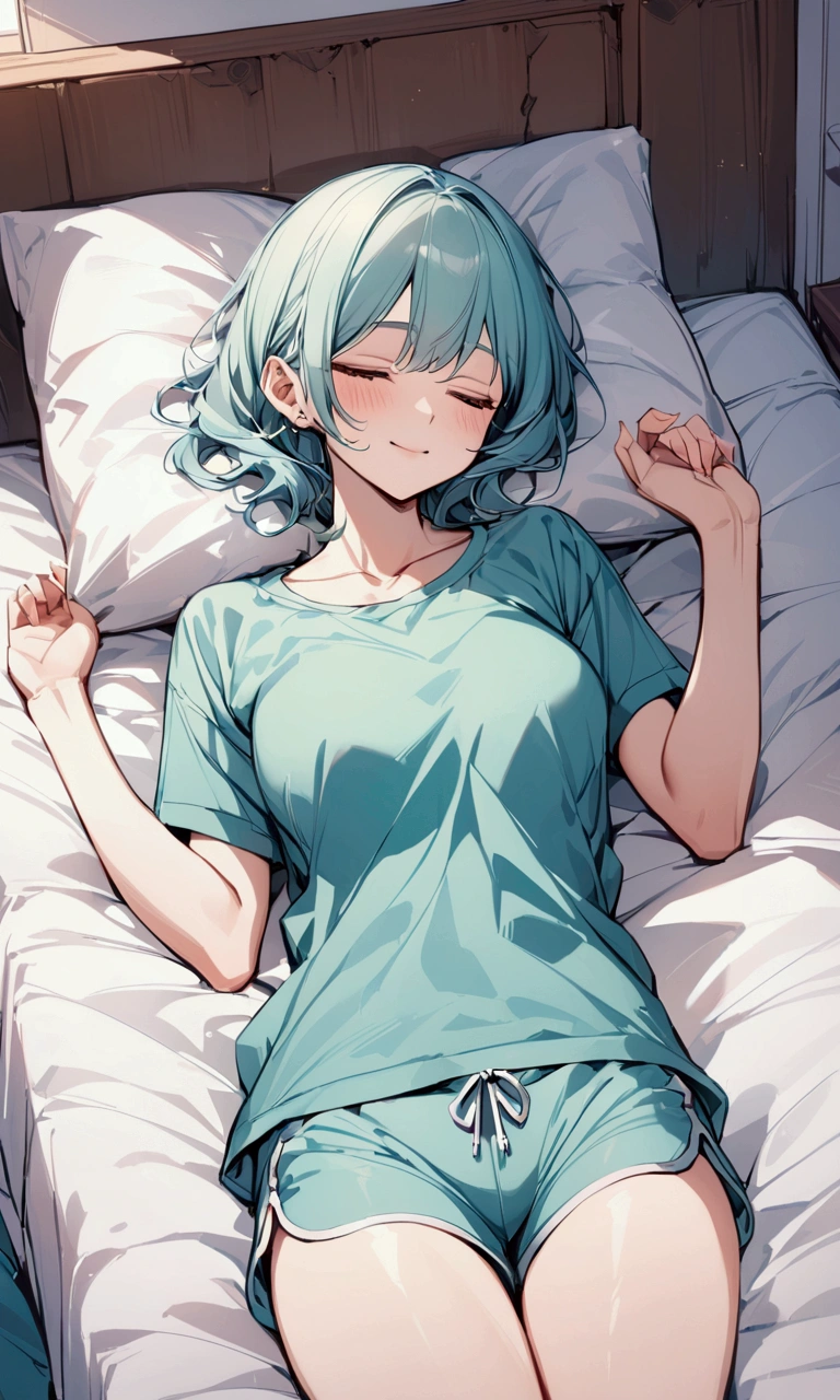 {{masterpiece}}, {{{Highest quality}}},{{Very detailed}},Woman taking a nap,siesta,pleasant sleep,{{A woman happily and comfortably sleeping in her own bed in her own room:1.8}},dolphin shorts,Loose-fitting short-sleeved T-shirt,Kind Smile