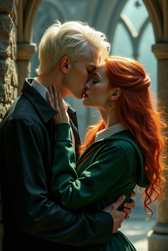 Generates an image of Draco Malfoy kissing a red-haired, green-eyed Ravenclaw girl