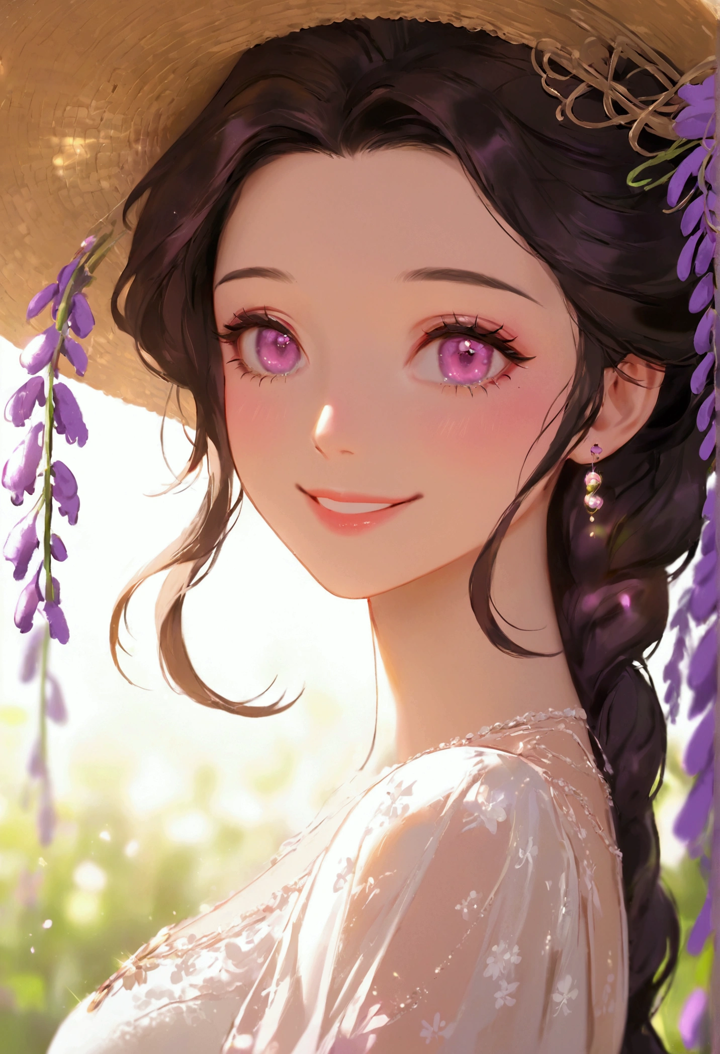 8k, sunny day, floral, happy, smiling, beautiful hat, ((light pink eyes)) embroidery, enchanted, fireflies, purple, wisteria, white-dress, day, beautiful aesthetic dress, sweet looking, midjourney, close-up, niji,