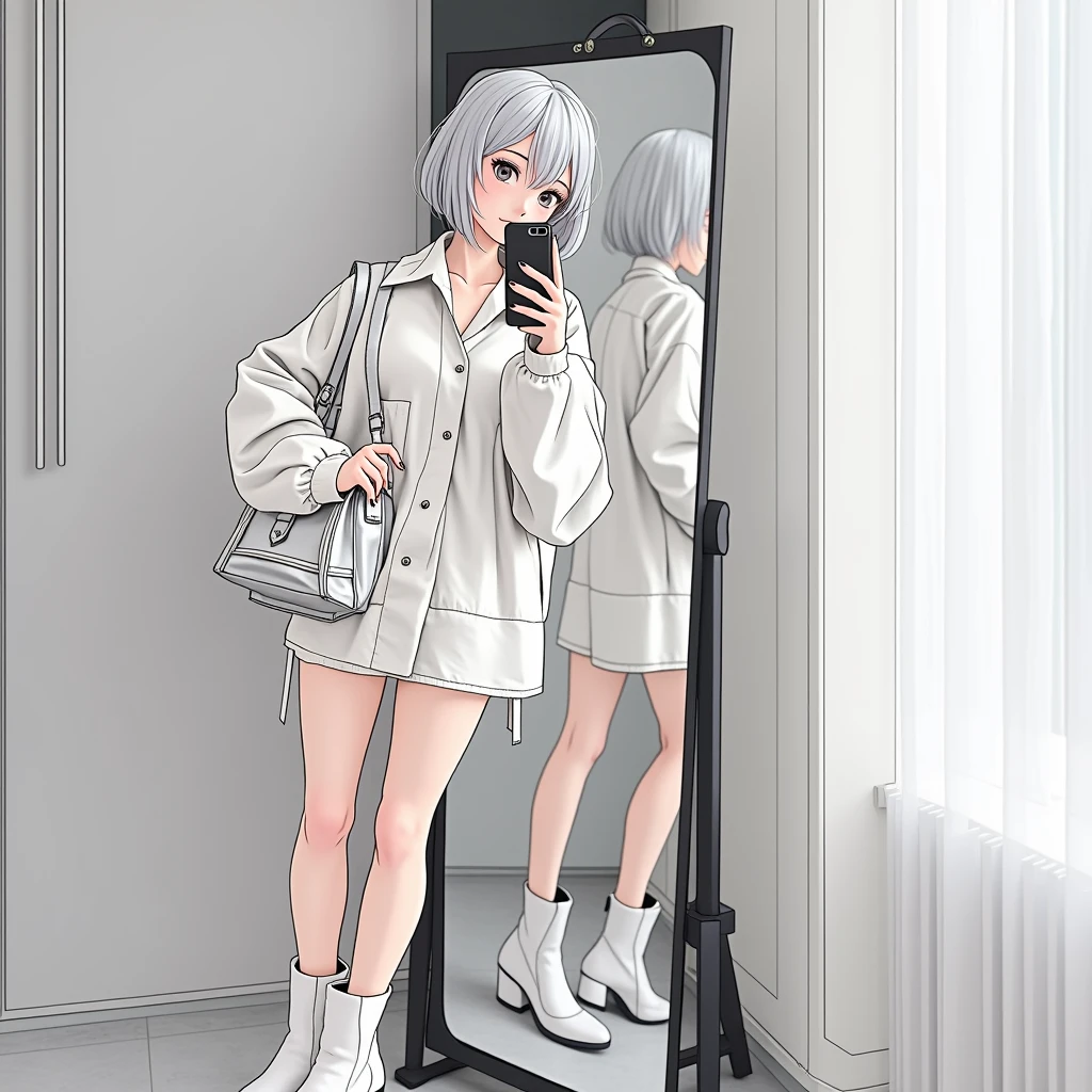 highly detailed, beautiful, hyper Realistic girl, masterpiece, best quality, Japanese sexy gravure woman, 28 years old, identity hidden, takes a selfie in her room using a smartphone in front of a mirror with one hand, fashion model Posing, looking away from the camera, /// gray short hair, light color eyes, Realistic skin, Detailed face, /// Design a futuristic fall fashion ensemble centered on white, keeping in line with minimalist aesthetics. (wearing a All News Paper Print Big nylon Shirt). Complete the look with white ankle boots that have a metallic finish and a translucent, geometric silver bag. The overall vibe should exude a sleek, forward-thinking style that seamlessly blends modern minimalism with a touch of the future, /// Monotone simple modern taste single room, mirror, complicated background,