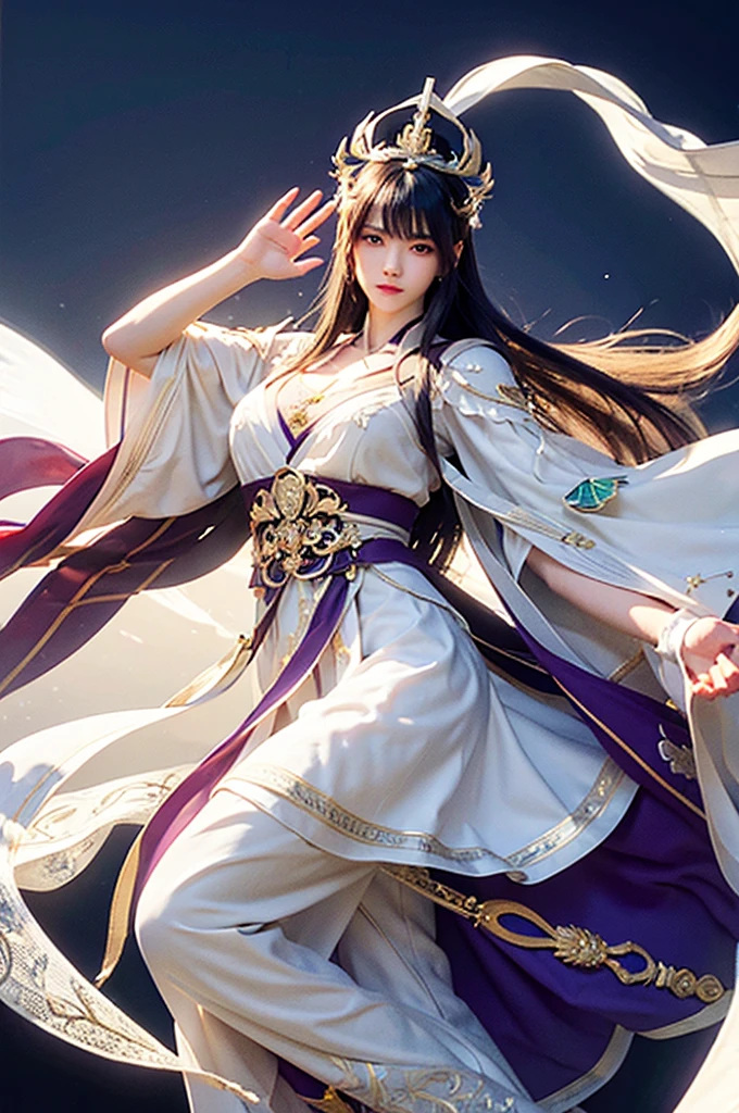A moon-white robe,The clothes are fluttering。 Light blue belt around waist,Hanging simple jade pendant。 Long hair like ink,Use a white jade hairpin to casually tie up。 White cape dancing in the wind,Show off your elegance。 Cloud pattern boots,Light on the Step。 Wearing a special silk robe,Amazing defense。 Mysterious runes embroidered on the vestments,The light flickers faintly。 Wears a purple-gold crown on his head,Exuding majesty。 The cuffs are embroidered with delicate cloud patterns,Elegant and extraordinary。 Wearing dark green,Easy to move,Suitable for combat。 The neckline is outlined with silver thread,Understated luxury。 The black cape is decorated with star patterns,Mystery。 Wearing white armor,Majestic,awesomeness。 The edges of the armor are inlaid with precious gems,Shine brightly, (best quality), (masterpiece), (Very detailed), (4K)