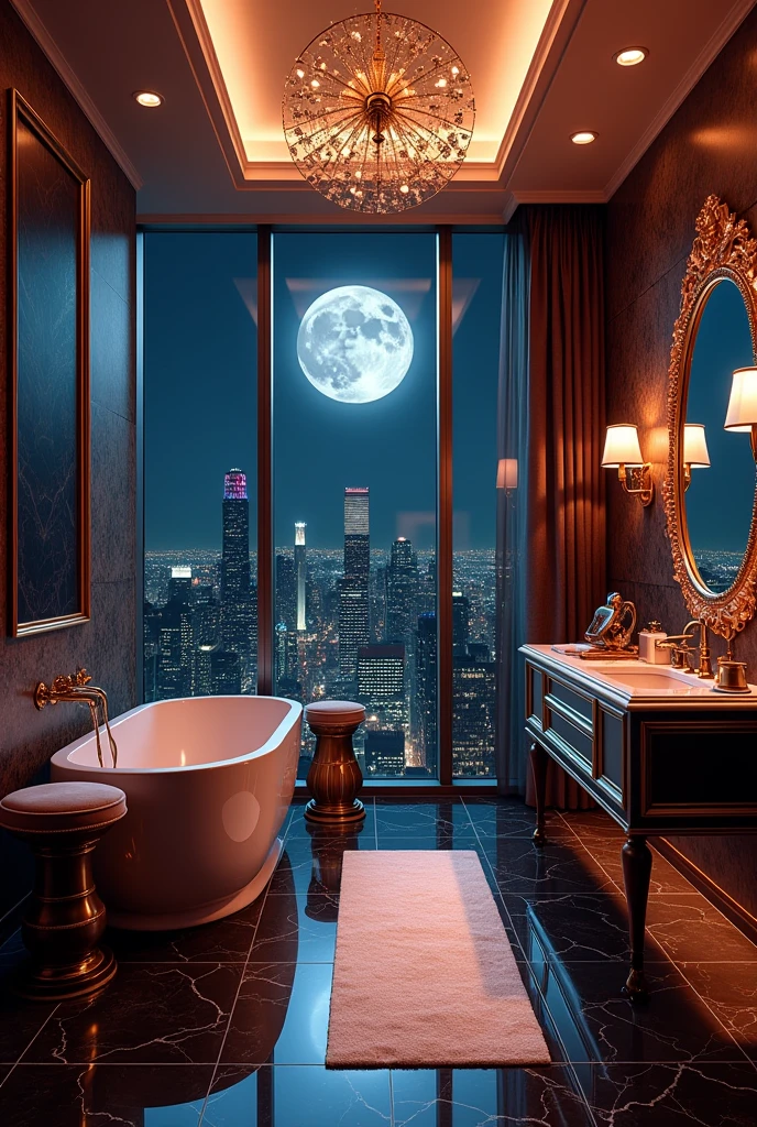Make me a bathroom of a very luxurious multi-million dollar penthouse that looks like it's at night. I want the bathroom style to be from the year 1980 with dark and bright touches. Remember it's a bathroom from the year 1980. Add appliances that were used at that time as realistic and beautiful as possible so that it's extravagant.