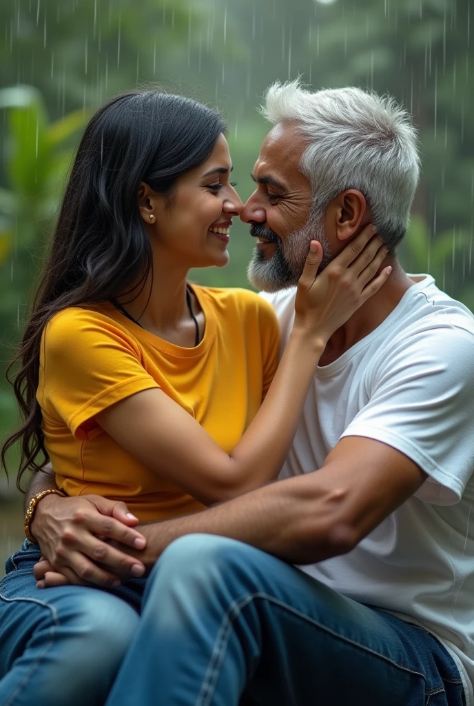 INDIAN 25 year old girl wears yellow tshirt and jeans, seating with 40 year old handsome indian man who wears white tshirt. Both are seating near to the rainfall, and hugged each other.  Both are wet. 