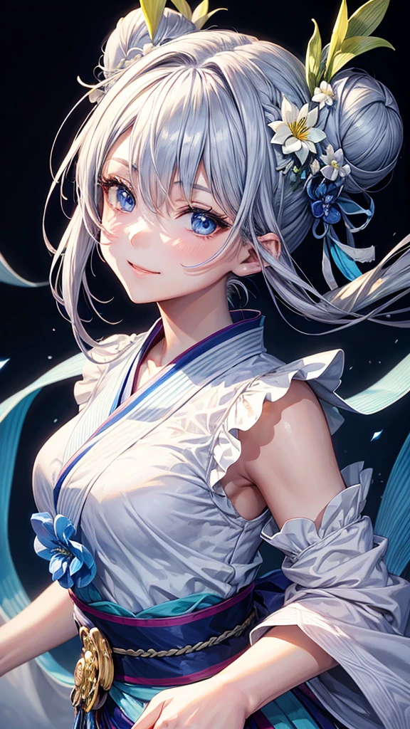 Anime character, half body only, upper body only, half body portrait, posing like a model, good looking, beautiful, full of details, aesthetic, hd, masterpiece art, amazing work. Solo, young girl, hair in bun, one bun, just one bun, flower accessories in bun, bluish gray colored hair, Lady, blue eyes, smile, elegant look, elegant carrying, white Japanese kimono, blue decoration, Lily flower theme, eyes facing camera, there are no hands to hinder the appearance, simple background.