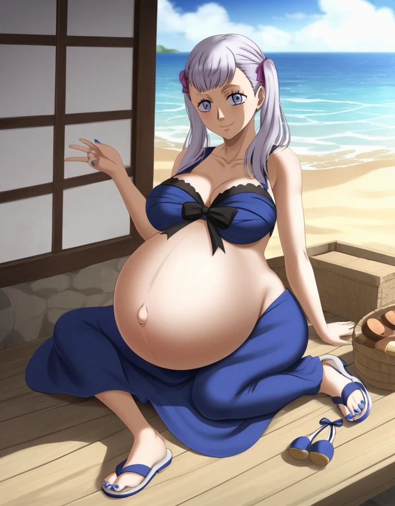 noelle_blackclover, Noelle Silva, Black Clover, long silver hair, waist-length hair, half-up half-down hairstyle, ribbon, soft waves, side-parted bangs, almond-shaped blue eyes, high-quality, ultra-detailed, beast quality, 8K resolution, anime style,
looking at viewer, smile, pregnant belly, large belly, huge belly, big Breasts, Sitting
1girl,solo, indoors, beach, happy, Smiling, rub belly,
full body, Nail polish, Sandals