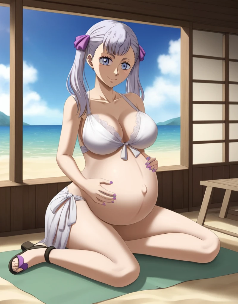 noelle_blackclover, Noelle Silva, Black Clover, long silver hair, waist-length hair, half-up half-down hairstyle, ribbon, soft waves, side-parted bangs, almond-shaped blue eyes, high-quality, ultra-detailed, beast quality, 8K resolution, anime style,
looking at viewer, smile, pregnant belly, large belly, huge belly, big Breasts, Sitting
1girl,solo, indoors, beach, happy, Smiling, rub belly,
full body, Nail polish, Sandals 